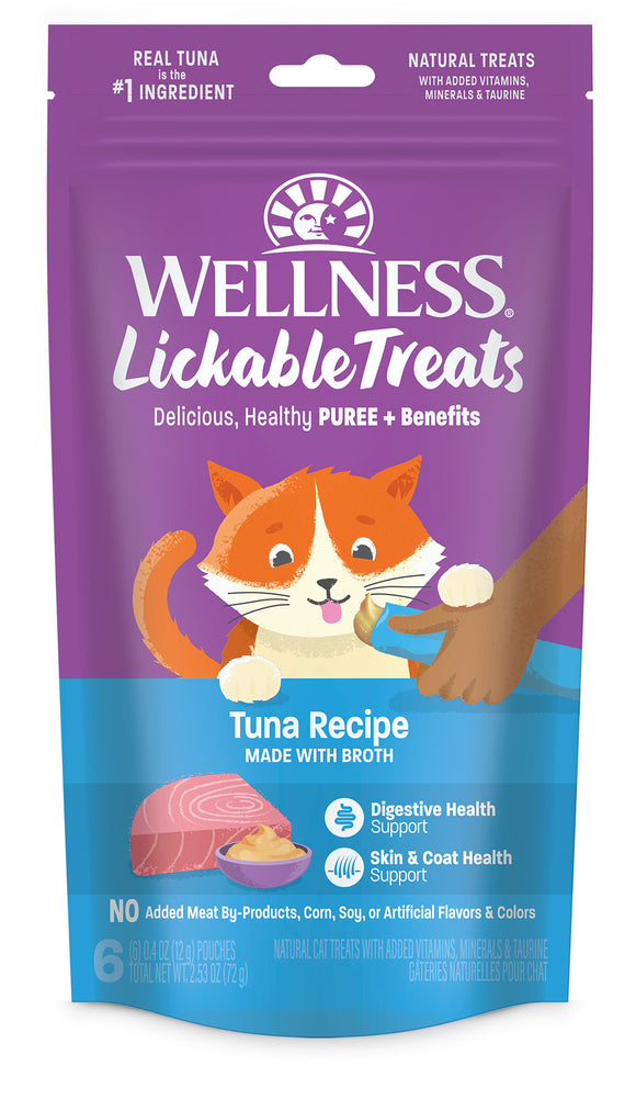 Wellness Lickable Treats Soft Puree Natural Grain Free Cat Treats Tuna Contains 6 - 0.4oz Tubes