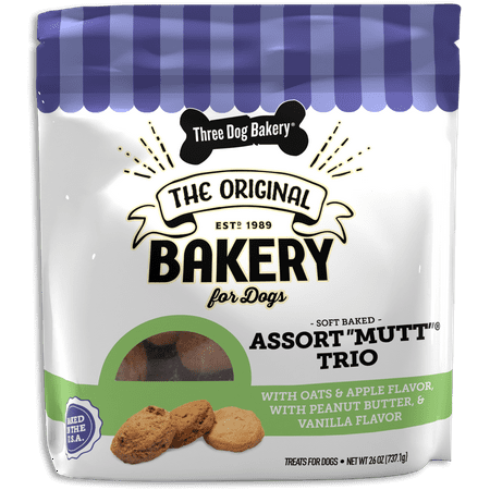 Three Dog Bakery Assortmutt: Peanut Butter, Vanilla, Oats & Apple Flavor Soft Treats for Dogs, 26 oz