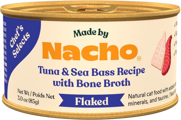 Nacho Flaked Tuna & Seabass Recipe in Bone Broth Wet Cat Food 3oz can
