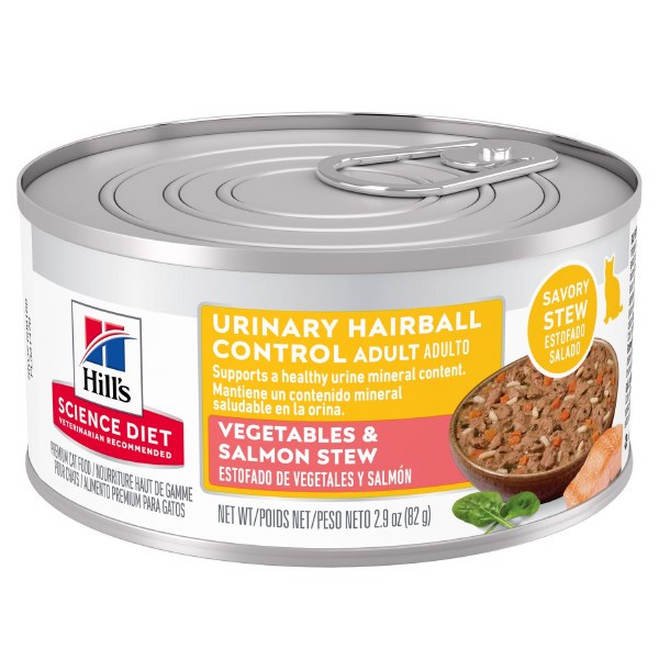 Hills Science Diet Adult Urinary Hairball Control Vegetables & Salmon Stew Cat Food 2.9oz can