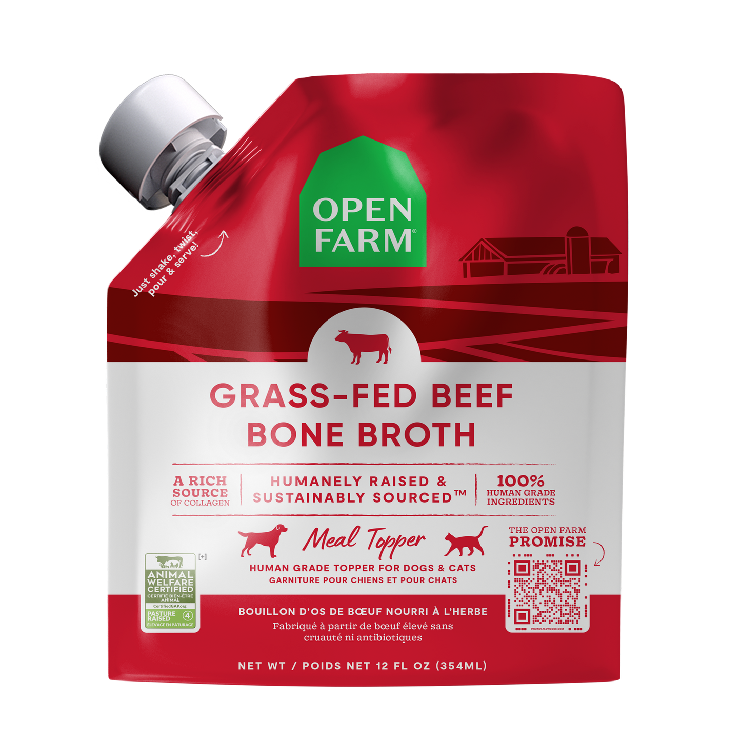 Open Farm Grass-Fed Beef Bone Broth For Dogs & Cats 12oz Pouch