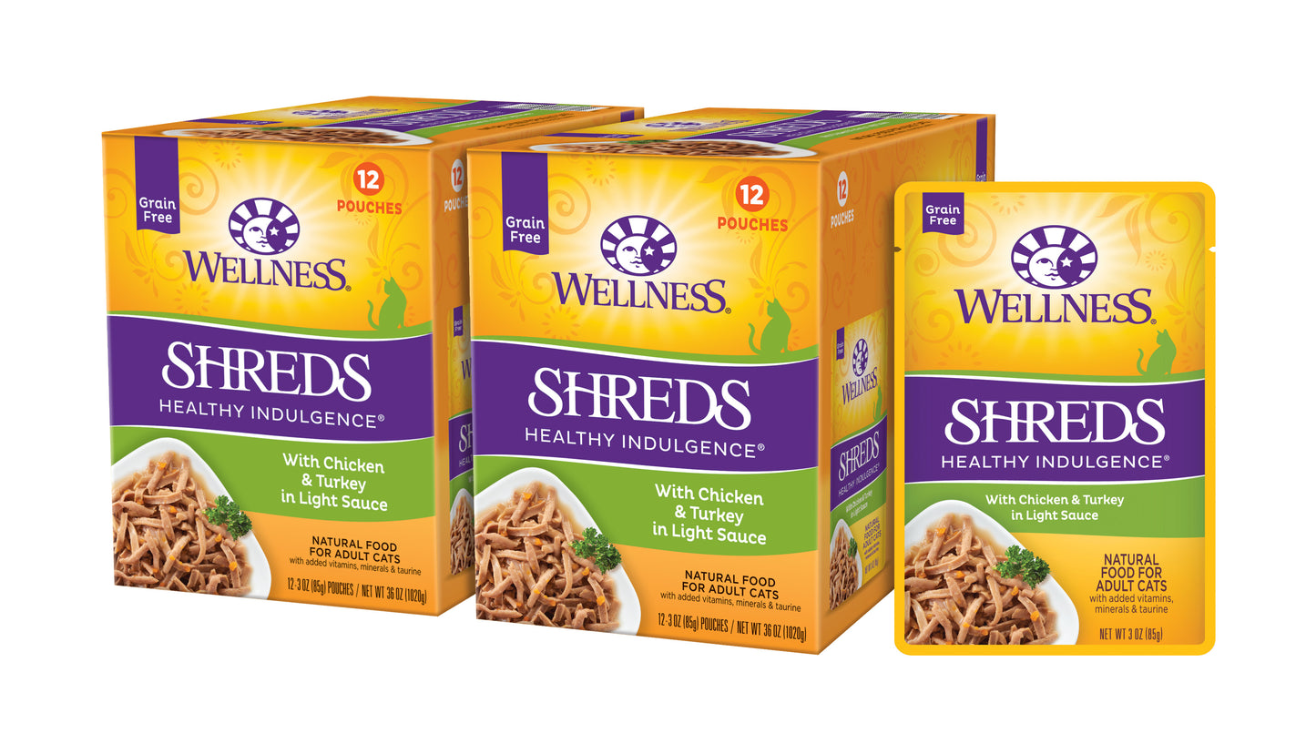 Wellness Healthy Indulgence Natural Grain Free Wet Cat Food Shreds Chicken & Turkey 3oz Pouch