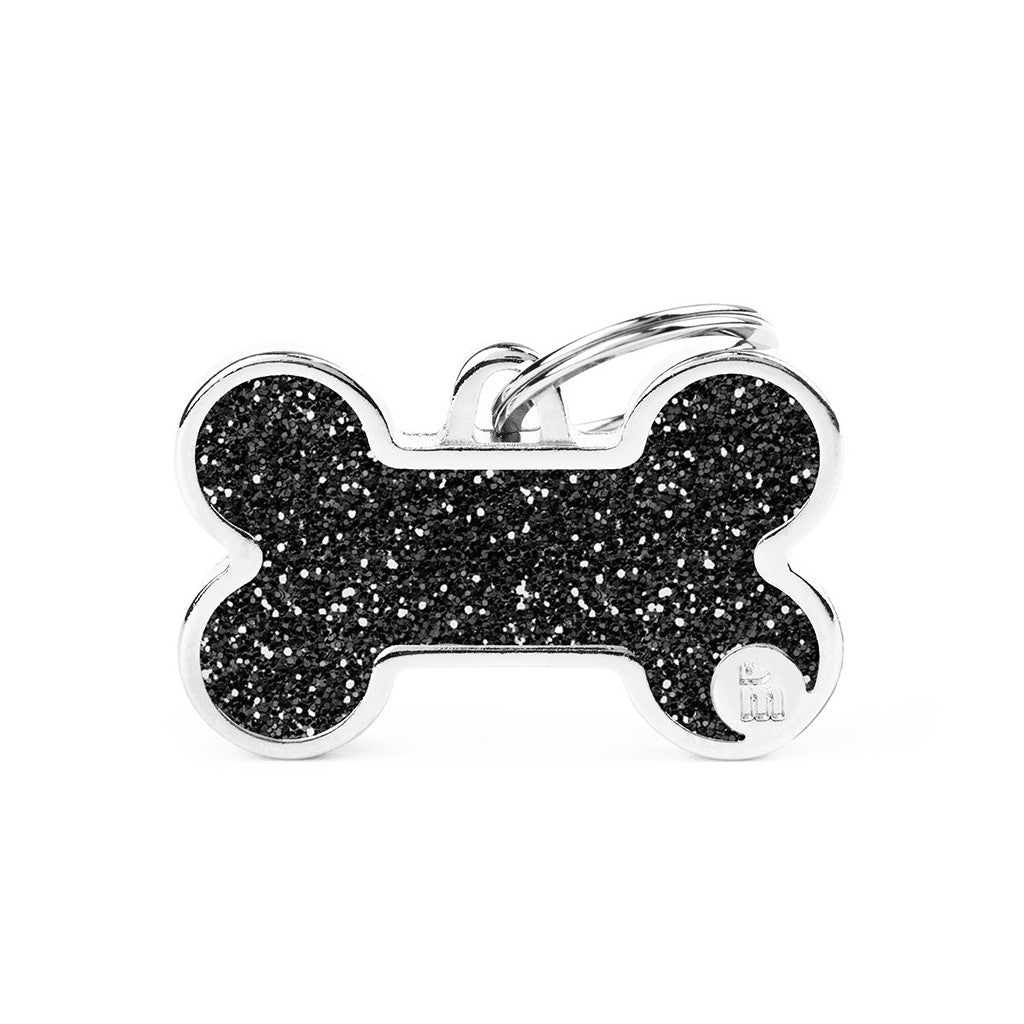 My Family ID Shine Big Black Glitter Bone ID Tag