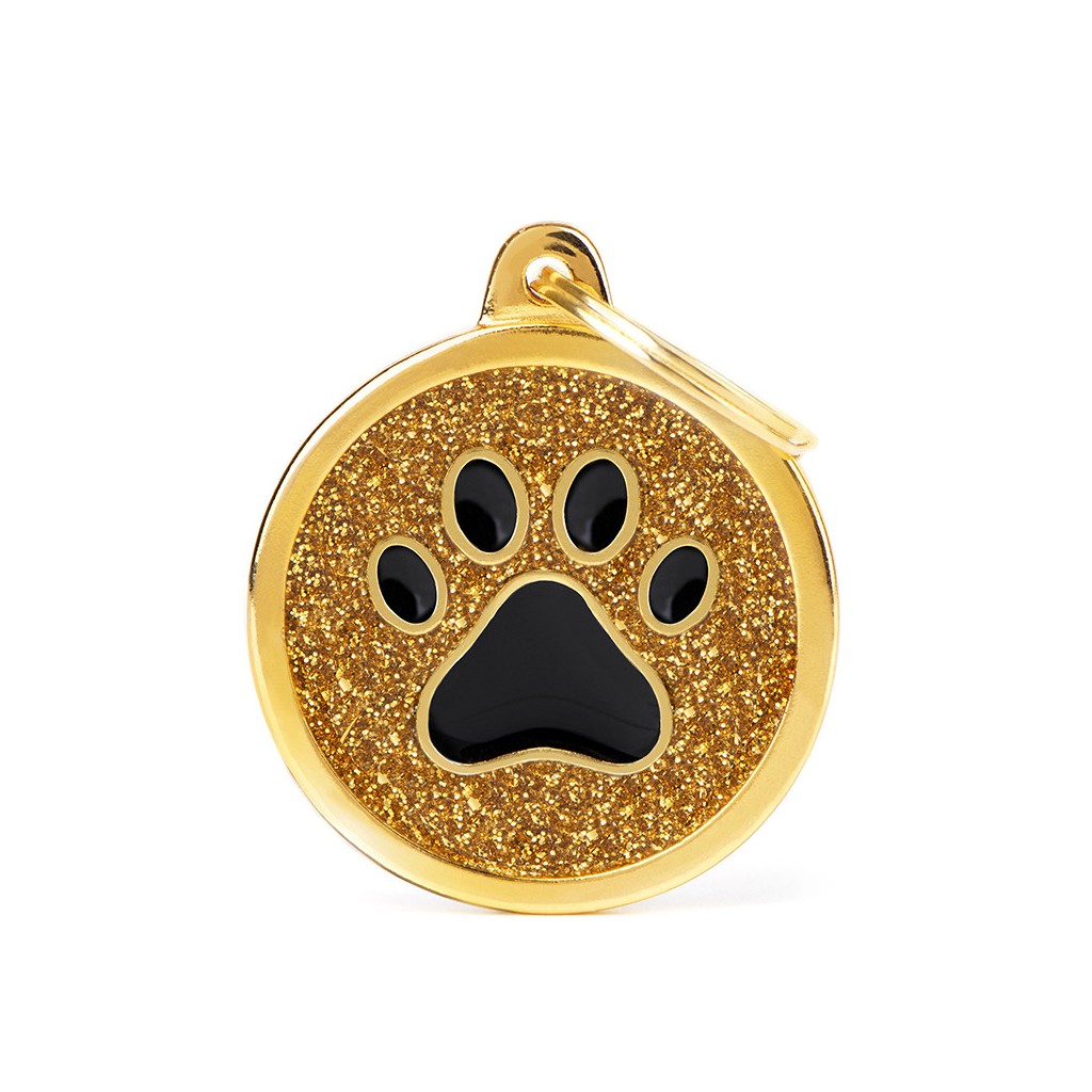 My Family ID Shine Big Gold Glitter Circle Black Paw ID Tag