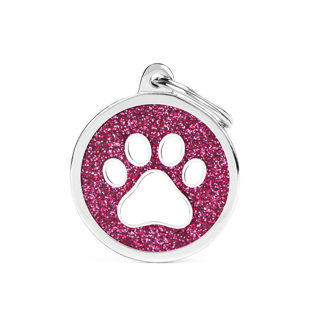 My Family ID Shine Big Pink Glitter Circle White Paw ID Tag