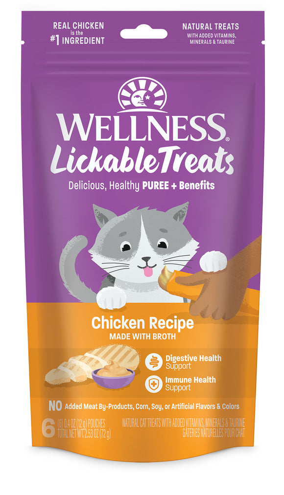 Wellness Lickable Treats Soft Puree Natural Grain Free Cat Treats Chicken Contains 6 - 0.4oz Tubes