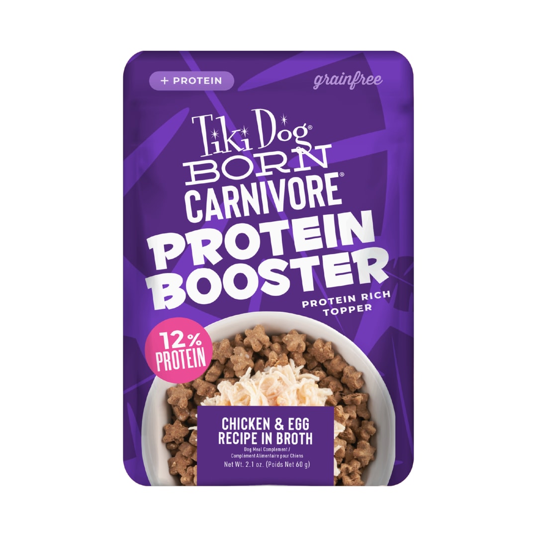 Tiki Dog Born Carnivore Protein Booster Dog Food Topper, Chicken and Egg Recipe in Broth, 2.1 oz. Pouch