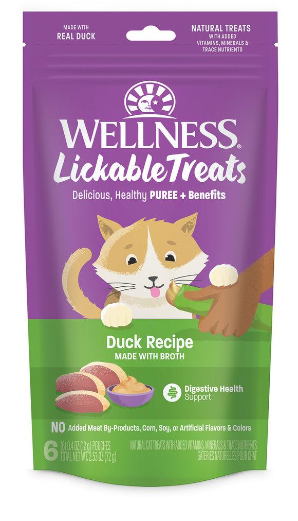Wellness Lickable Treats Soft Puree Natural Grain Free Cat Treats Duck Contains 6 - 0.4oz Tubes