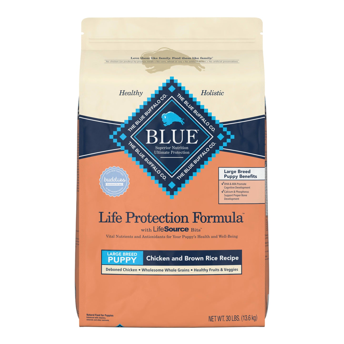 Blue Buffalo Life Protection Formula Large Breed Chicken and Brown Rice Dry Dog Food for Puppies Whole Grain 30 lb. Bag