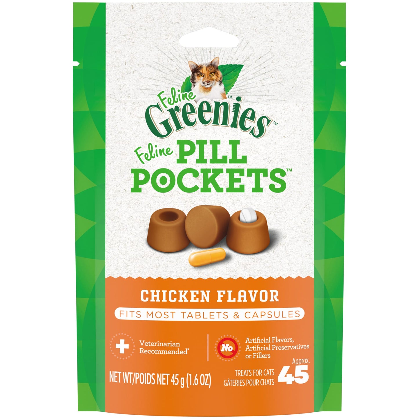 FELINE GREENIES PILL POCKETS for Cats Natural Soft Cat Treats Chicken Flavor 1.6 oz. Pack (45 Treats)