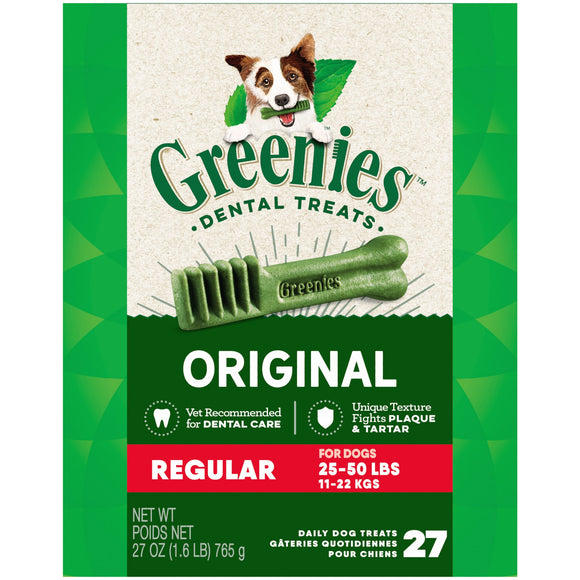 GREENIES Original Regular Dental Treats for Medium Dogs  Natural Grain Free  27 oz. pack (27 Chews)