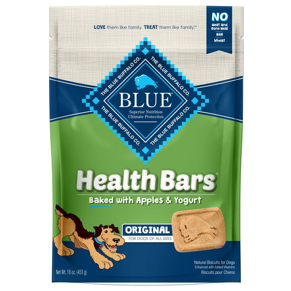Blue Buffalo Health Bars Apple & Yogurt Flavor Crunchy Biscuit Treats for Dogs  Whole Grain  16 oz. Bag
