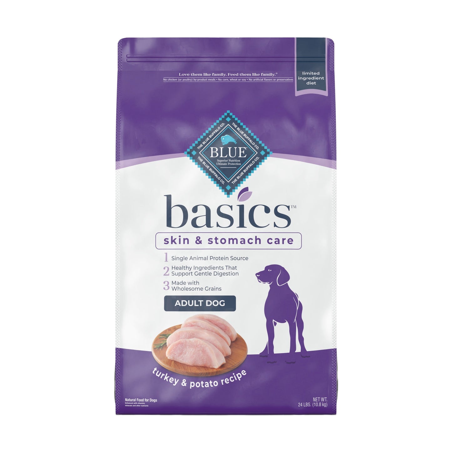 Blue Buffalo Basics Skin & Stomach Care Turkey and Potato Dry Dog Food for Adult Dogs Whole Grain 24 lb. Bag