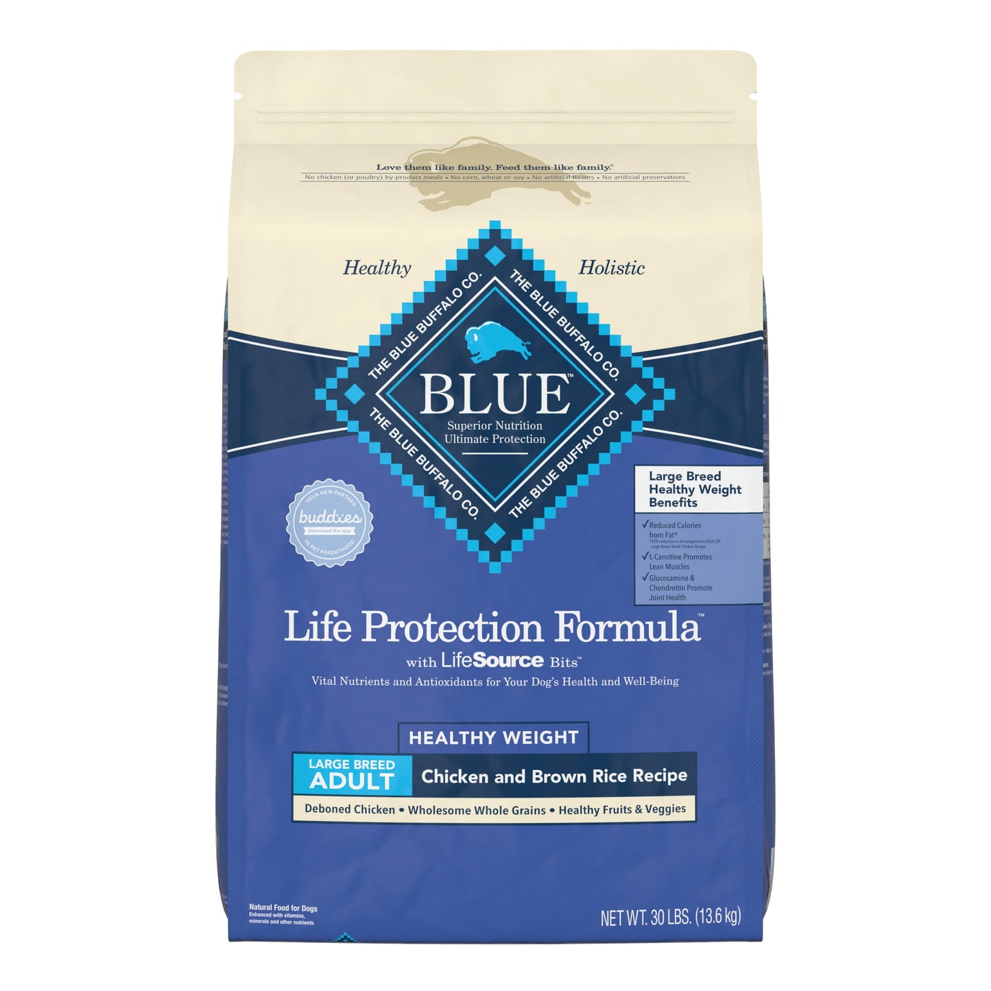 Blue Buffalo Life Protection Formula Large Breed Healthy Weight Chicken and Brown Rice Dry Dog Food for Adult Dogs Whole Grain 30 lb. Bag