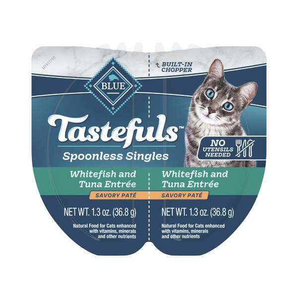 Blue Buffalo Tastefuls Spoonless Singles Whitefish and Tuna Pate Wet Cat Food for Adult Cats 2.6-oz Twin-Pack Tray