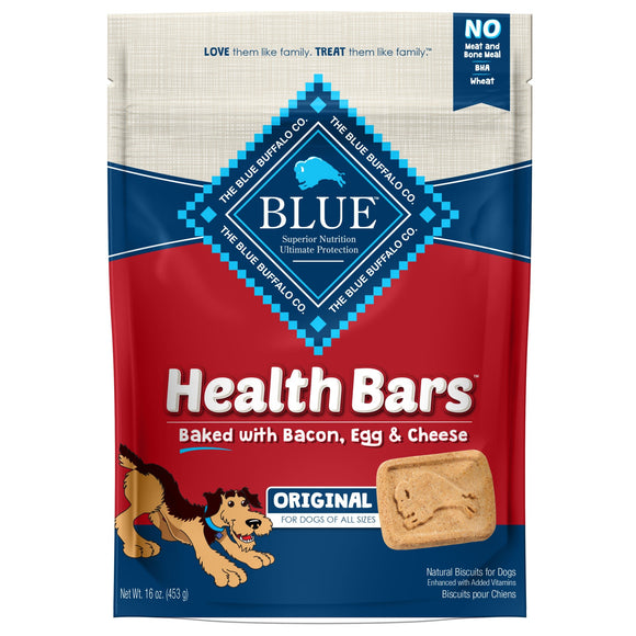 Blue Buffalo Health Bars Bacon  Egg & Cheese Flavor Crunchy Biscuit Treats for Dogs  Whole Grain  16 oz. Bag