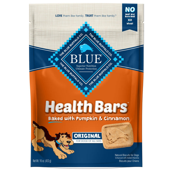 Blue Buffalo Health Bars Pumpkin & Cinnamon Flavor Crunchy Biscuit Treats for Dogs  Whole Grain  16 oz. Bag