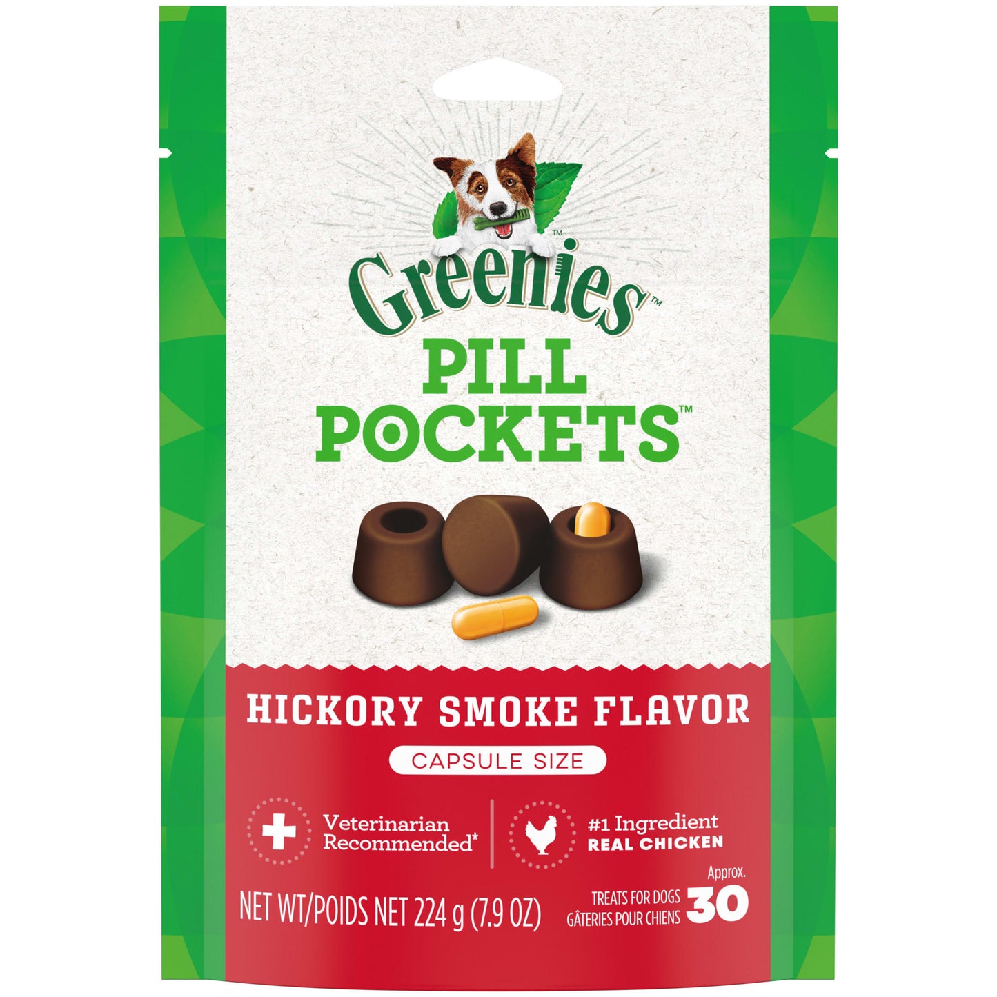 GREENIES PILL POCKETS for Dogs Capsule Size Natural Soft Dog Treats Hickory Smoke Flavor 7.9 oz. Pack (30 Treats)
