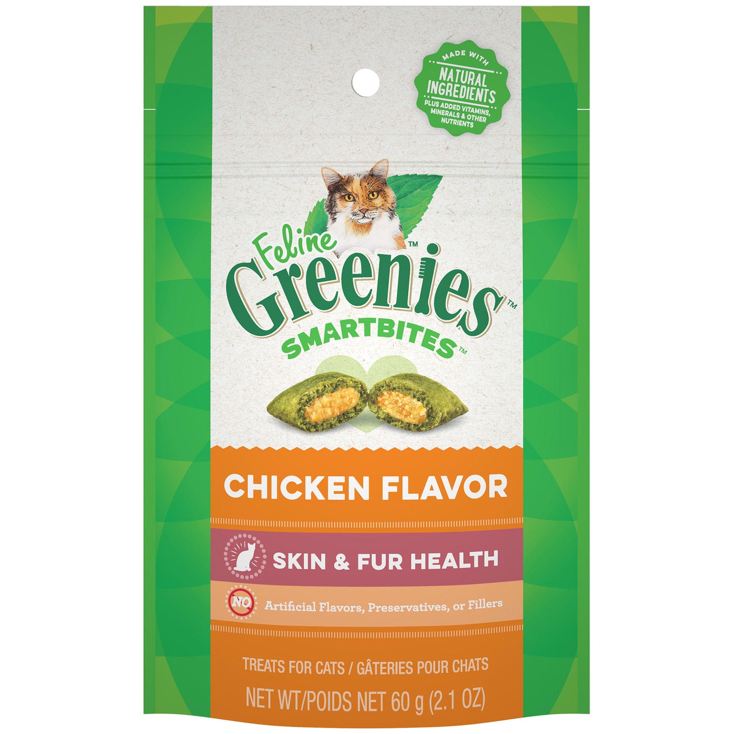 FELINE GREENIES SMARTBITES Skin & Fur Crunchy and Soft Natural Cat Treats Chicken Flavor 2.1 oz. Pack