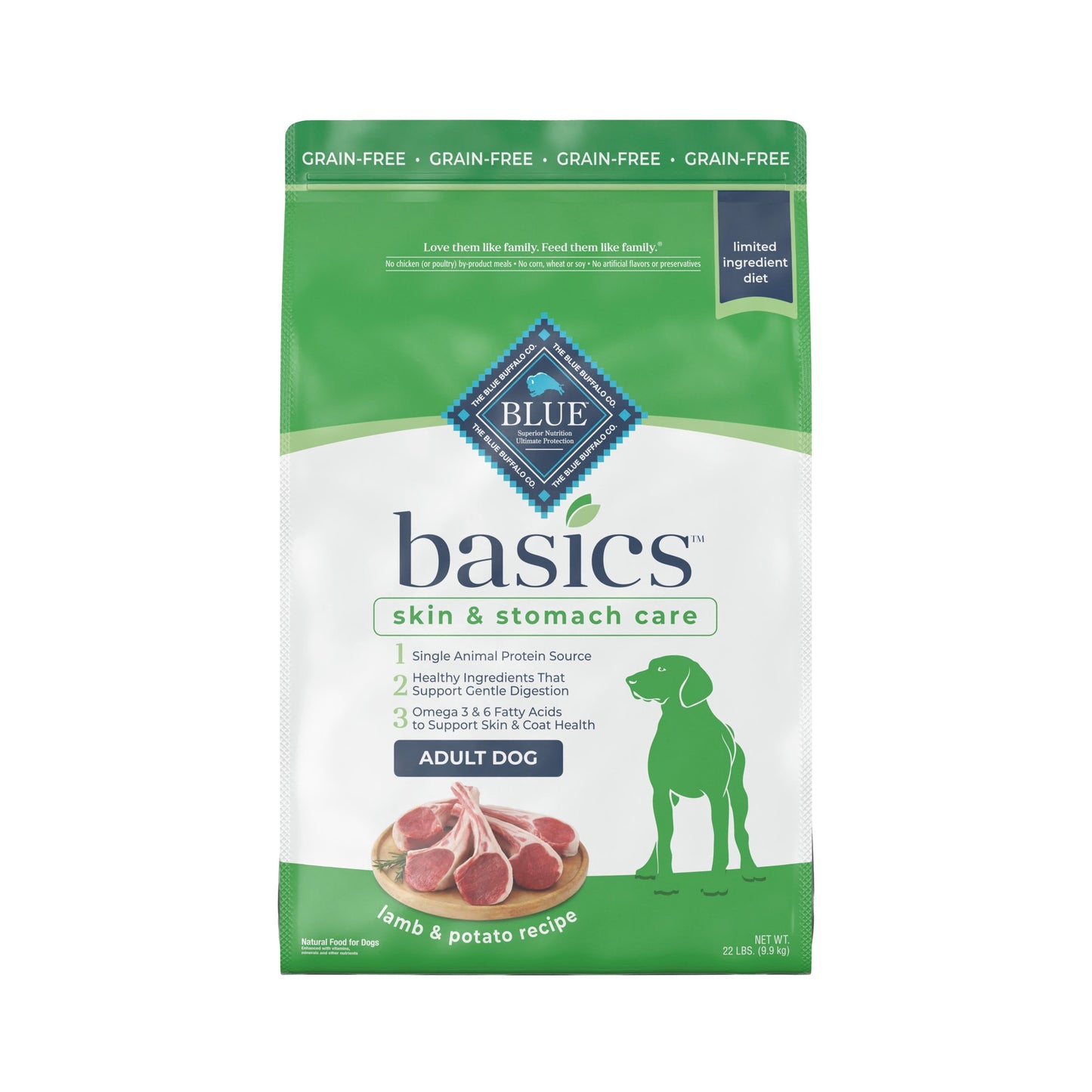 Blue Buffalo Basics Skin & Stomach Care Lamb and Potato Dry Dog Food for Adult Dogs Grain-Free 22 lb. Bag