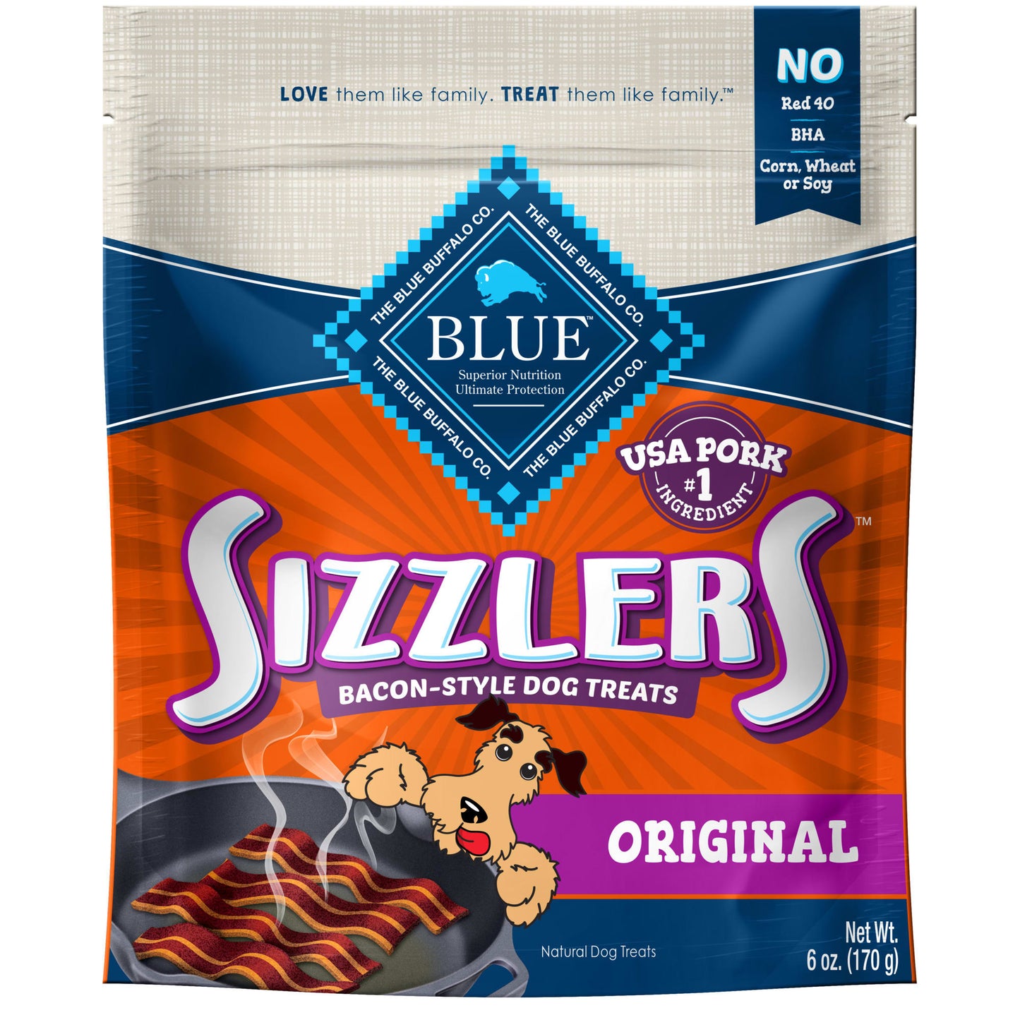 Blue Buffalo Sizzlers Bacon-Style Pork Flavor Soft Treats for Dogs Whole Grain 6 oz. Bag