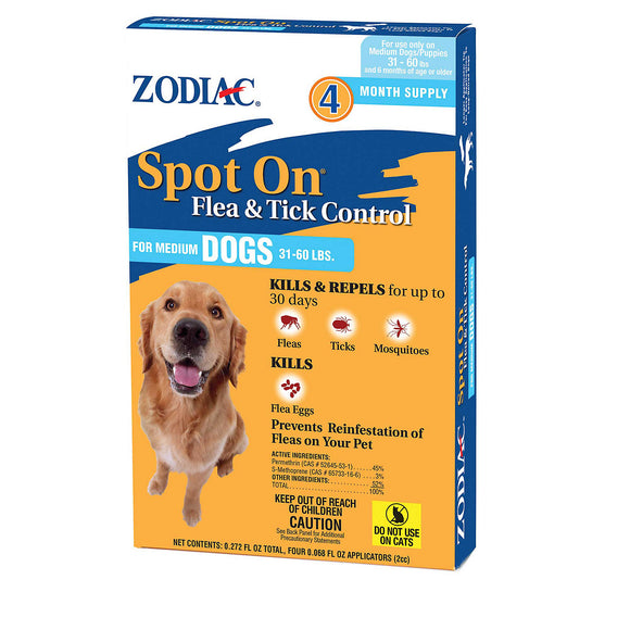 Zodiac Spot On Flea & Tick Control For Dogs over 30 lbs 4pk