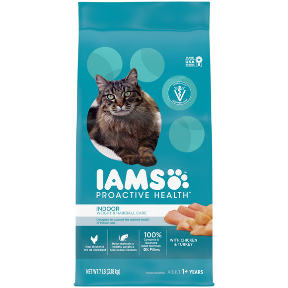 IAMS PROACTIVE HEALTH Adult Indoor Weight Control & Hairball Care Dry Cat Food with Chicken & Turkey Cat Kibble  7 lb. Bag