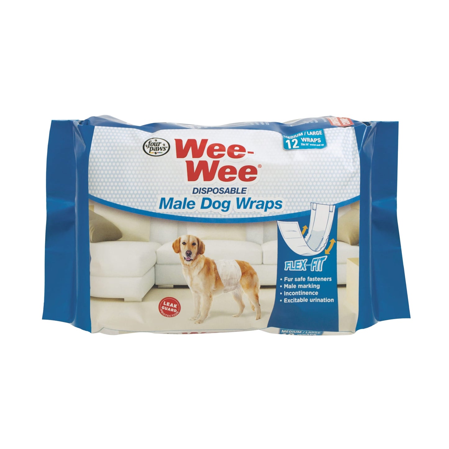 Four Paws Wee-Wee Disposable Male Dog Wraps 12 Count Medium / Large