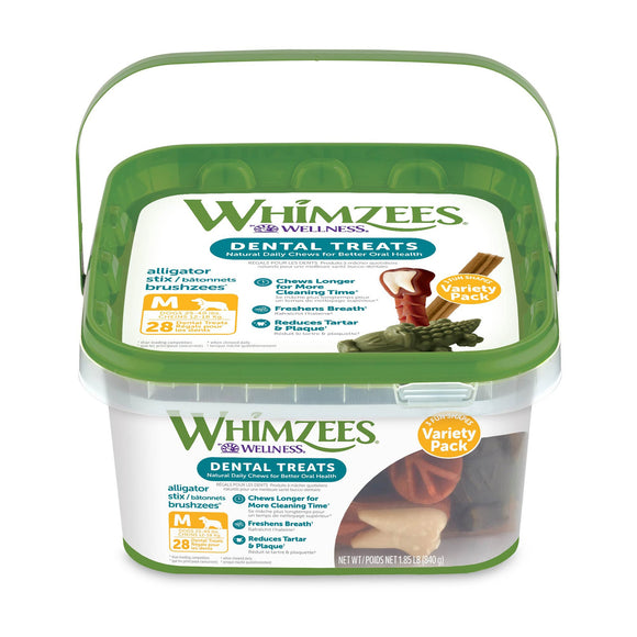 WHIMZEES Natural Grain Free Daily Dental Long Lasting Dog Treats  Variety Box  Medium  28 Count