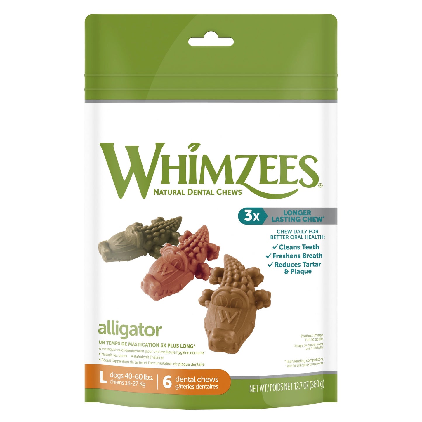 WHIMZEES Natural Grain Free Daily Dental Long Lasting Dog Treats Alligator Large Bag of 6