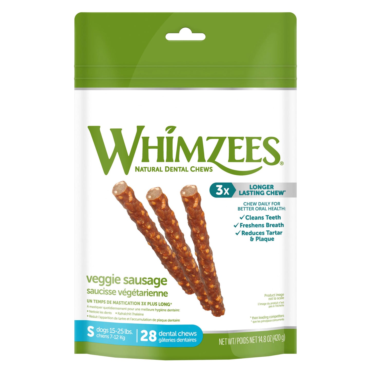 WHIMZEES Natural Grain Free Daily Dental Long Lasting Dog Treats Veggie Sausage Small Bag of 28