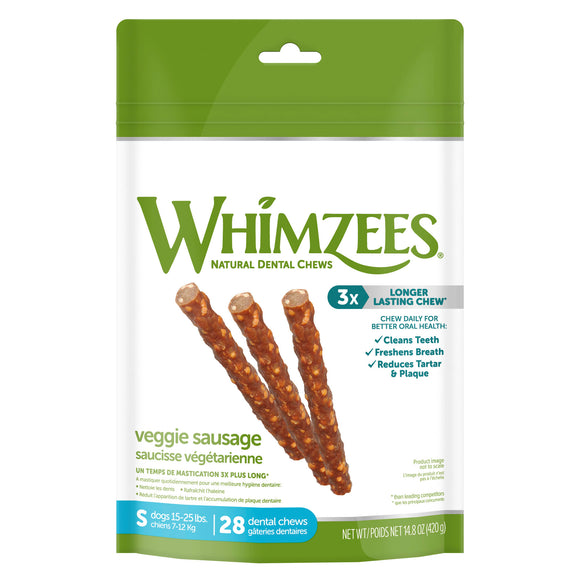 WHIMZEES Natural Grain Free Daily Dental Long Lasting Dog Treats  Veggie Sausage  Small  Bag of 28