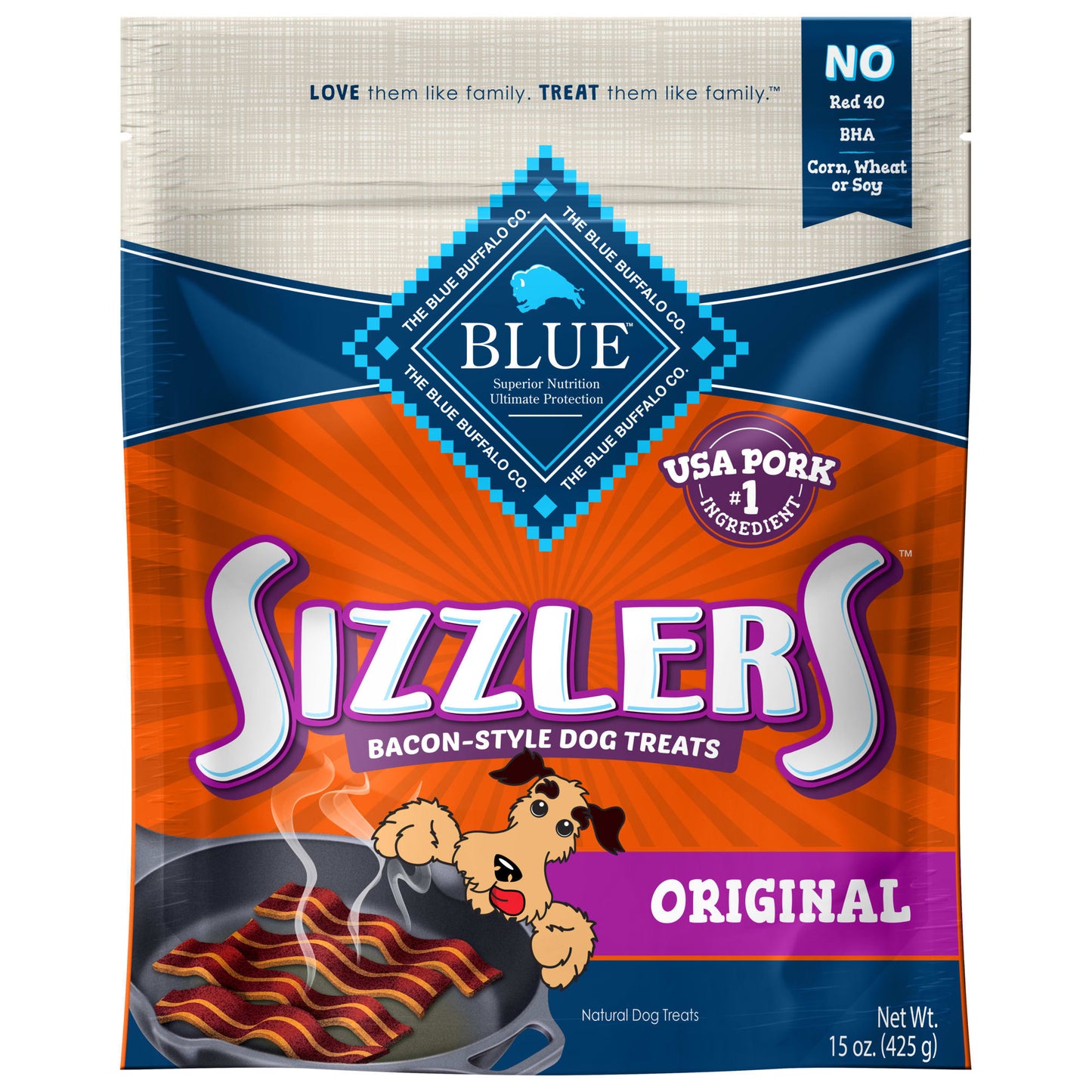 Blue Buffalo Sizzlers Bacon-Style Pork Flavor Soft Treats for Dogs Whole Grain 15 oz. Bag