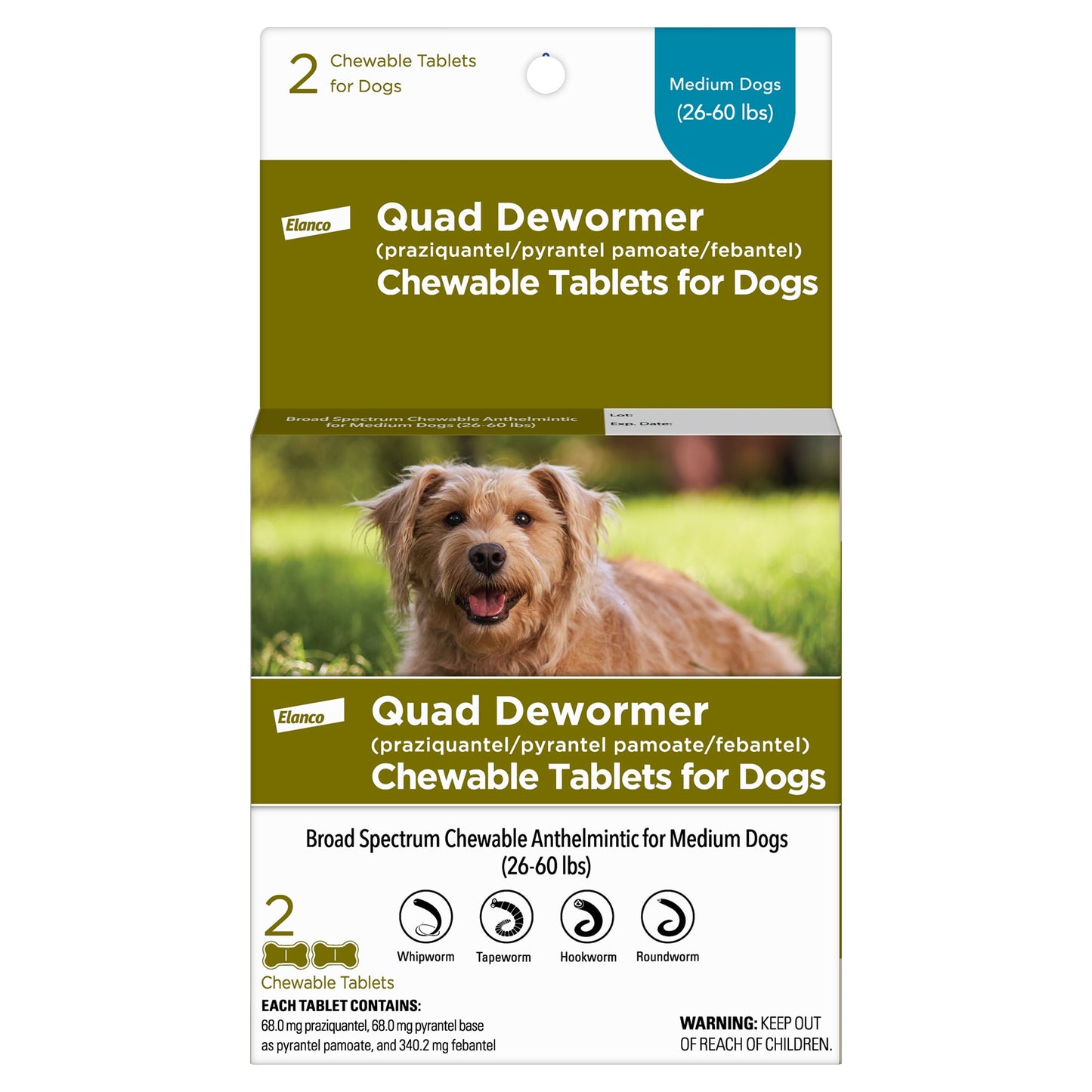 Bayer Chewable Quad Dewormer for Medium Dogs 26-60 lbs 2 Chewable Tablets