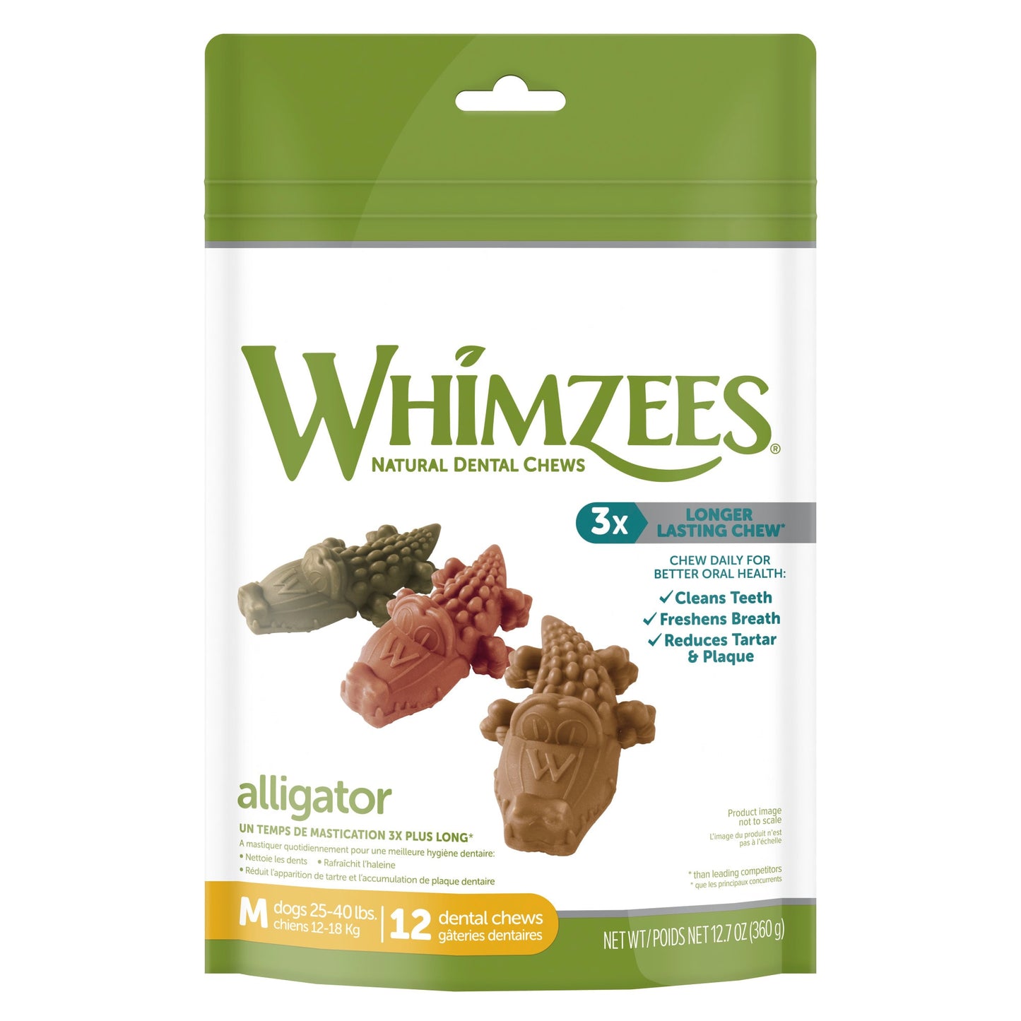 WHIMZEES Natural Grain Free Daily Dental Long Lasting Dog Treats Alligator Medium Bag of 12