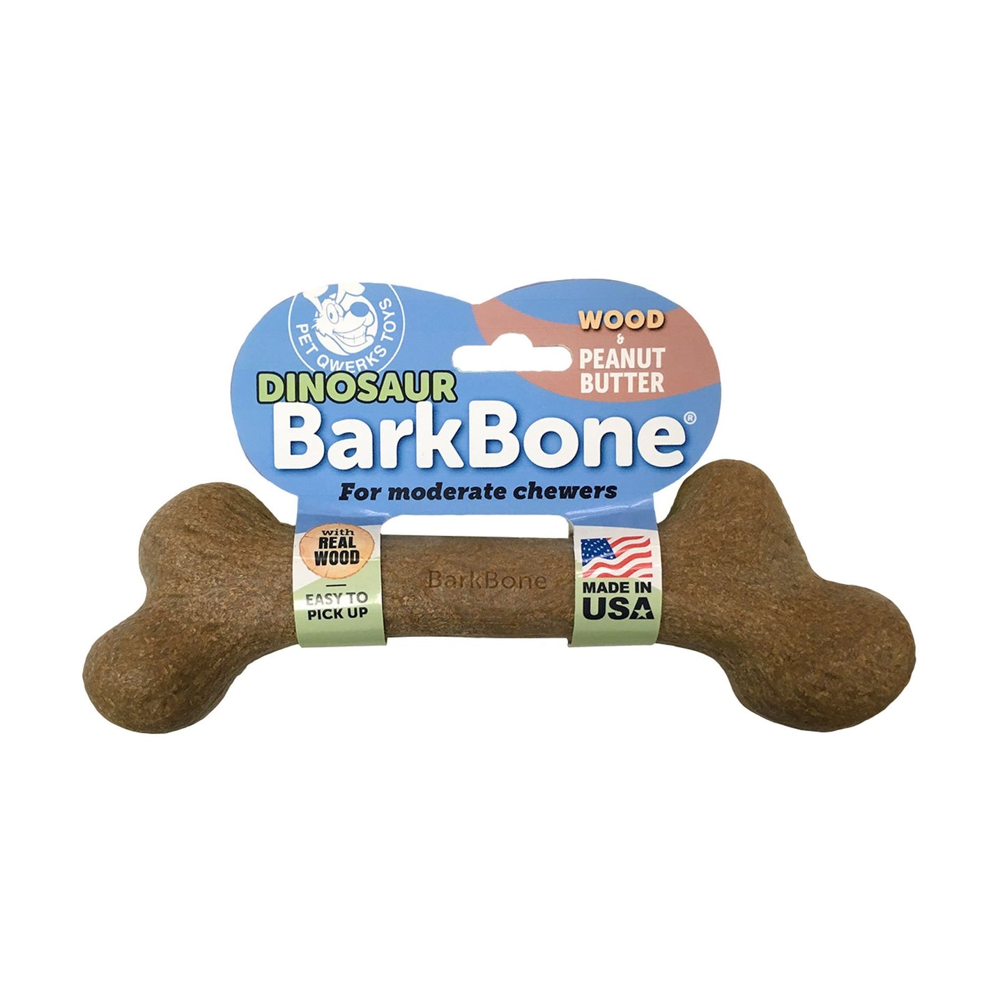 Pet Qwerks BarkBone Dinosaur Wood Dog Bone Chew Toy Peanut Butter Flavor Medium