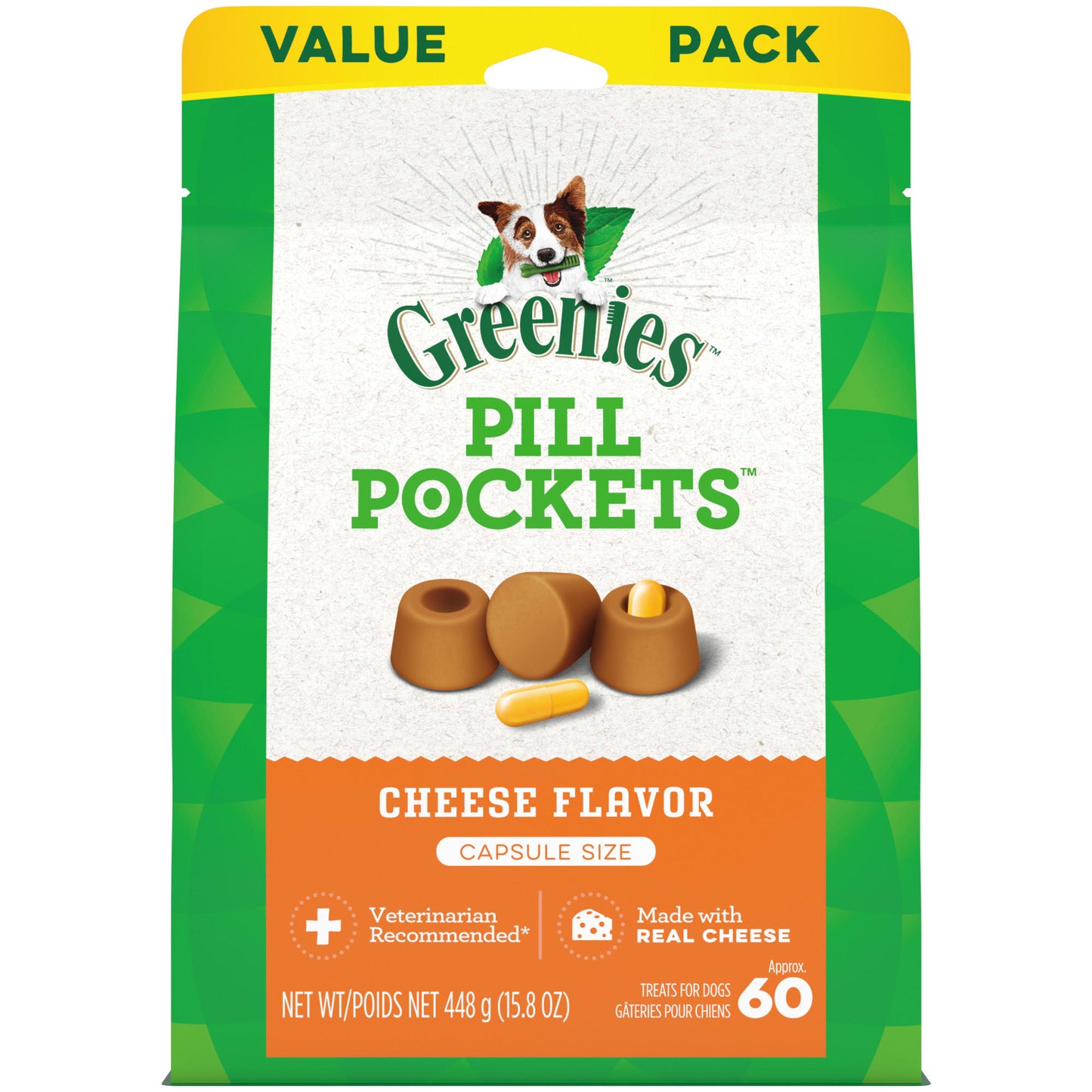 GREENIES PILL POCKETS for Dogs Capsule Size Natural Soft Dog Treats Cheese Flavor 15.8 oz. Pack (60 Treats)