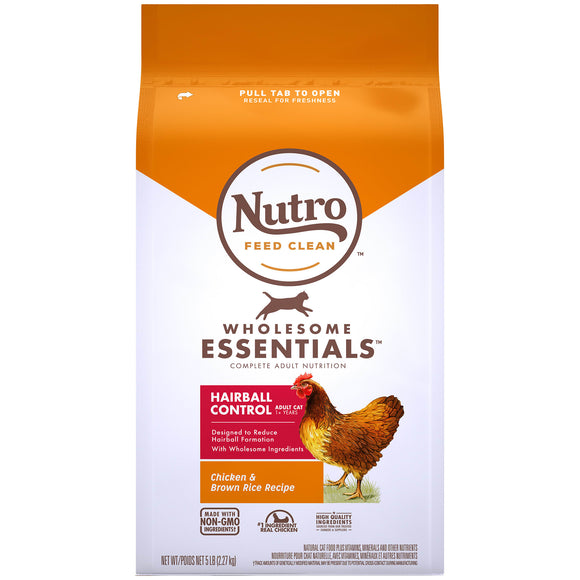 NUTRO WHOLESOME ESSENTIALS Natural Dry Cat Food, Hairball Control Adult Cat Chicken and Brown Rice Recipe, 5 lb. Bag