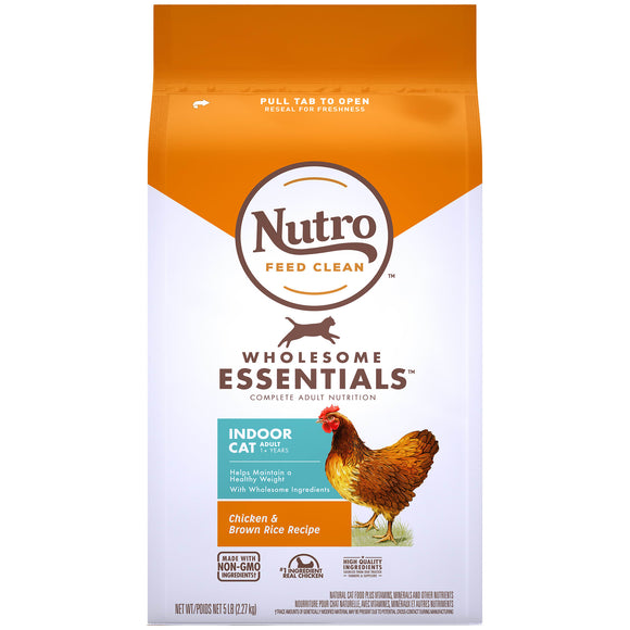 NUTRO WHOLESOME ESSENTIALS Natural Dry Cat Food, Indoor Cat Adult Chicken & Brown Rice Recipe, 5 lb. Bag