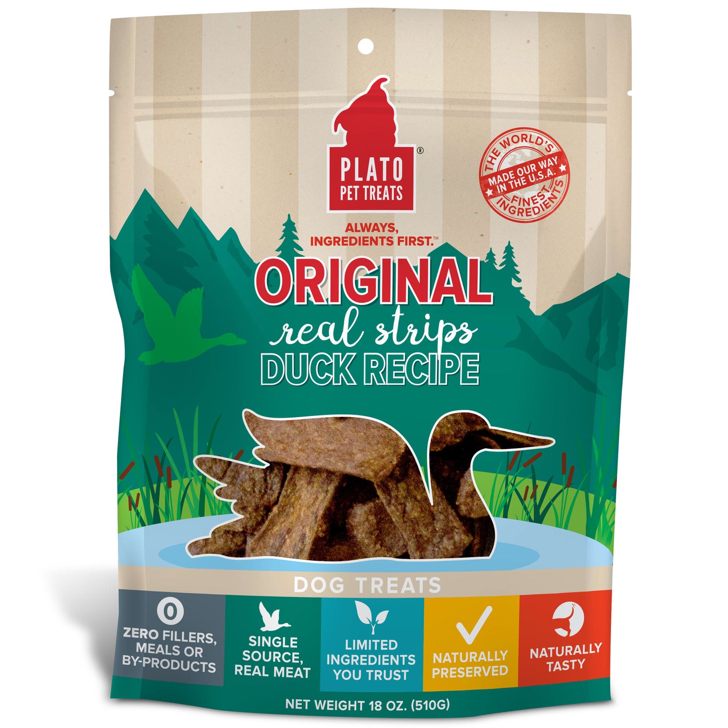 Plato Original Real Strips Duck Recipe Dog Treats 18 Oz.