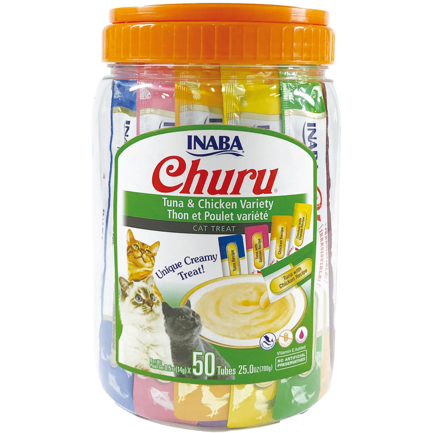 INABA Churu Creamy Lickable Purée Cat Treat w Taurine 0.5 oz 50 Tubes Tuna & Chicken Variety