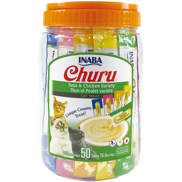 INABA Churu Creamy  Lickable Purée Cat Treat w Taurine  0.5 oz  50 Tubes  Tuna & Chicken Variety