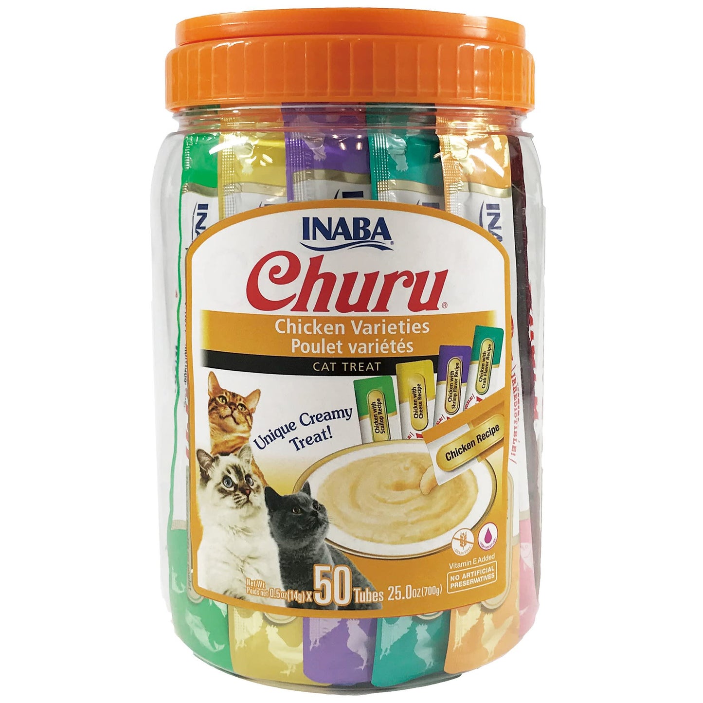 INABA Churu Creamy Lickable Purée Cat Treat w Taurine 0.5 oz 50 Tubes Chicken Variety