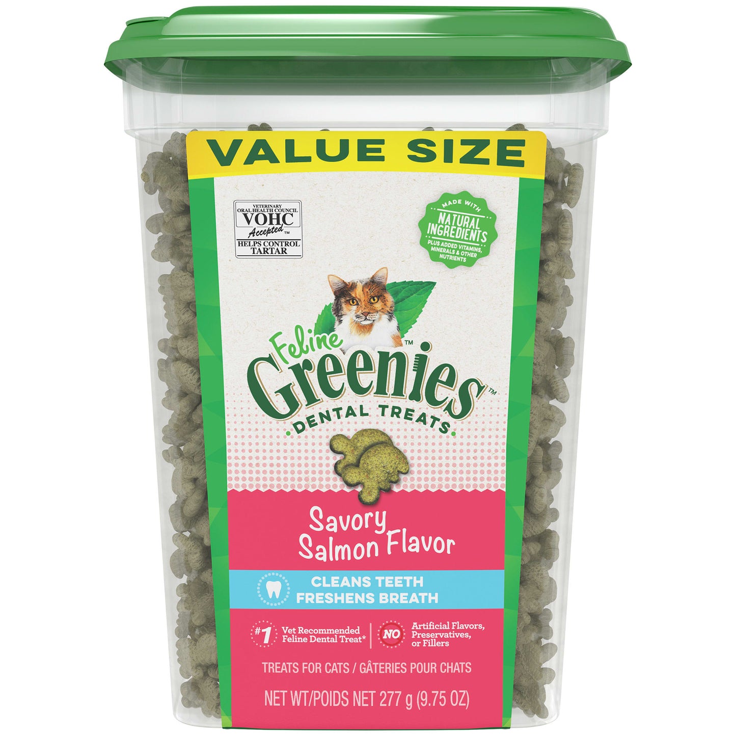 FELINE GREENIES Adult Natural Dental Care Cat Treats Savory Salmon Flavor 9.75 oz. Tub