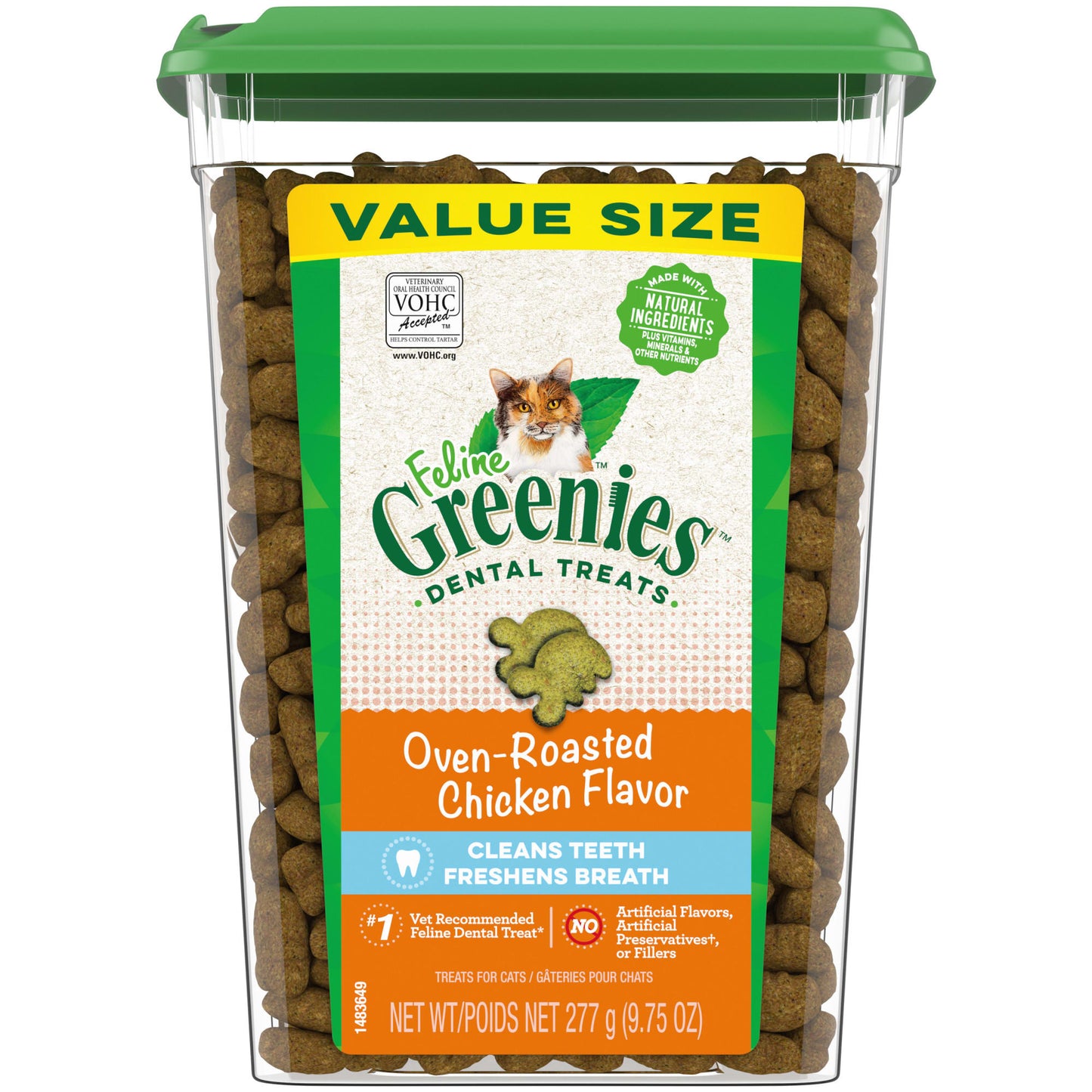 FELINE GREENIES Adult Natural Dental Care Cat Treats Oven Roasted Chicken Flavor 9.75 oz. Tub