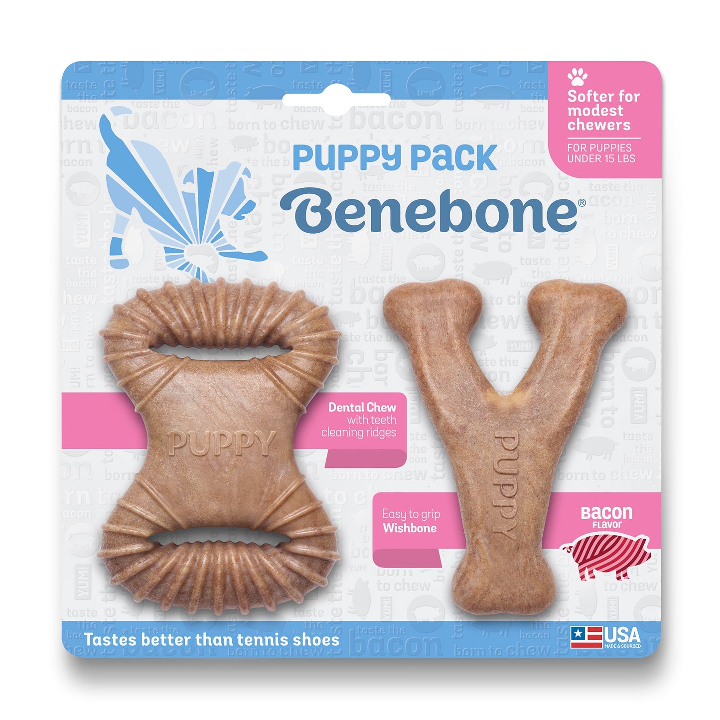Benebone Puppy Dental Dog Chew Toy 2-Pack Bacon Tiny