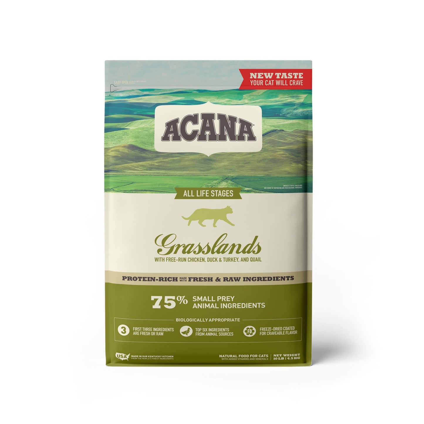 ACANA Grain-Free Grasslands Chicken Duck Turkey Fish and Quail Dry Cat Food, 10 lbs.