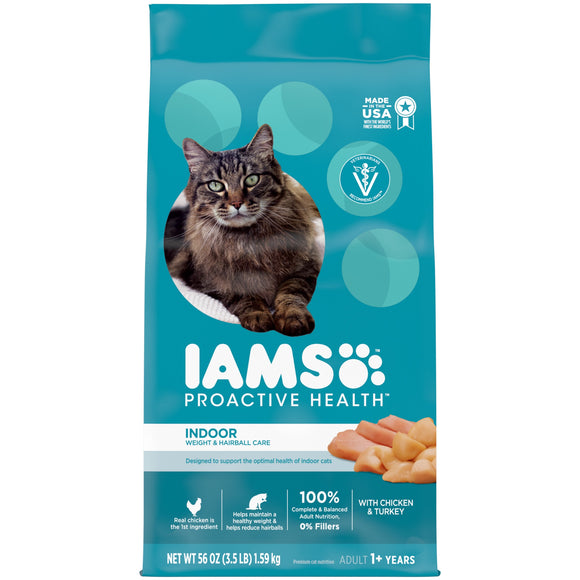 IAMS PROACTIVE HEALTH Adult Indoor Weight & Hairball Care Dry Cat Food with Chicken & Turkey  3.5 lb. Bag