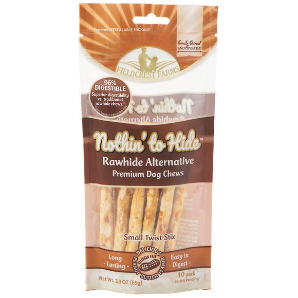 Nothing to Hide Natural Rawhide Alternative Twist Stix for Dogs - 3 Pack (30 Sticks) Premium Grade Easily Digestible Chews - Great for Dental Health by Fieldcrest Farms (Peanut Butter  Small Stix)