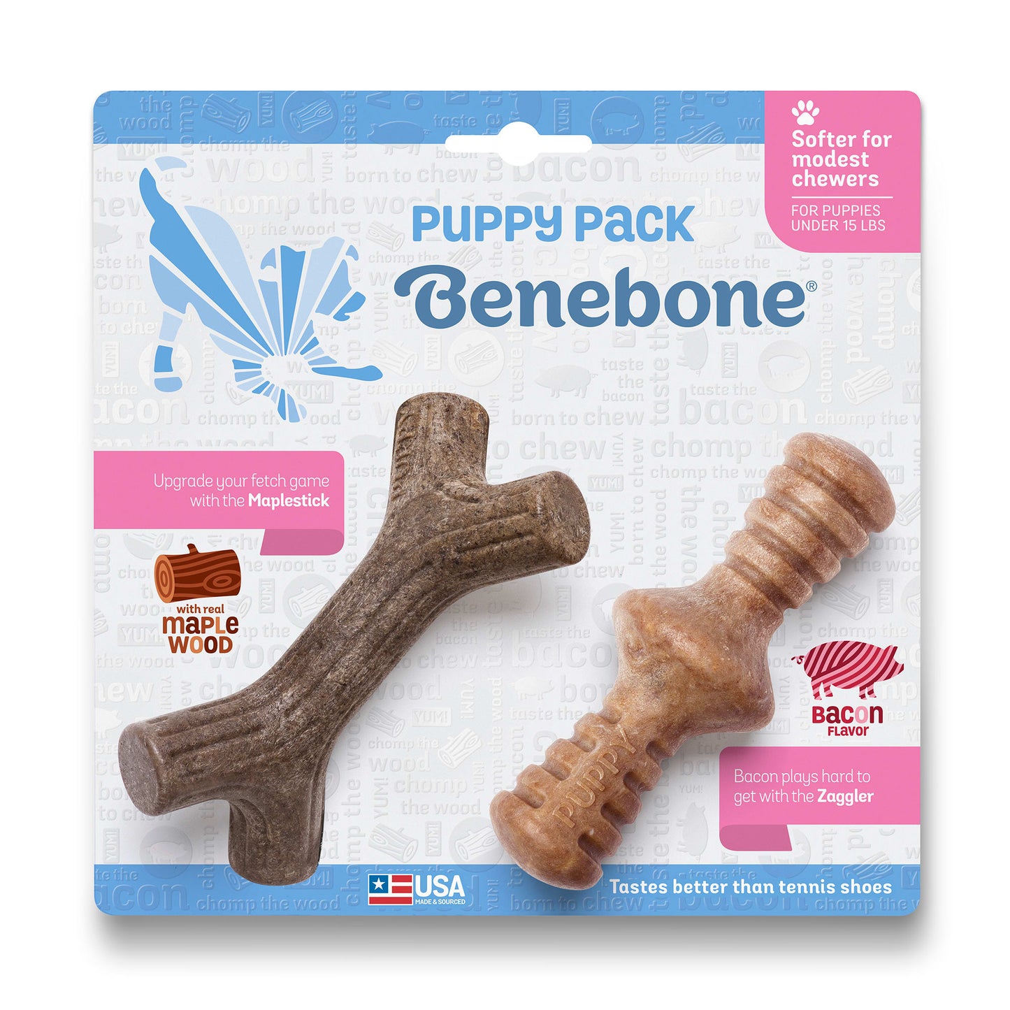Benebone Puppy Maplestick Dog Chew Toy 2-Pack Zaggler Bacon Tiny